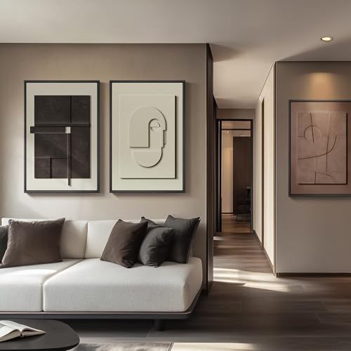 Large 3D Textured Framed Abstract Wall Art for Living Room, 3 Piece Modern Paintings Artwork for Walls, Black White Brown Geometric Sandstone...