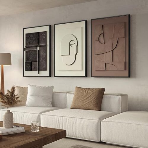 Large 3D Textured Framed Abstract Wall Art for Living Room, 3 Piece Modern Paintings Artwork for Walls, Black White Brown Geometric Sandstone...