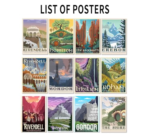 LIAUMO 12pcs Travel Middle Earth Landscape Posters, Nordic Painting Wall Art Collage Kit, Home Bar Office Decal,Birthday Holiday Gifts Unframed...