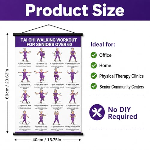 Lionpower Tai Chi Walking Workout for Seniors - Tai Chi Walking Chart & Exercise Guide Poster - Tai Chi for Beginners Instructional Wall Decor -...