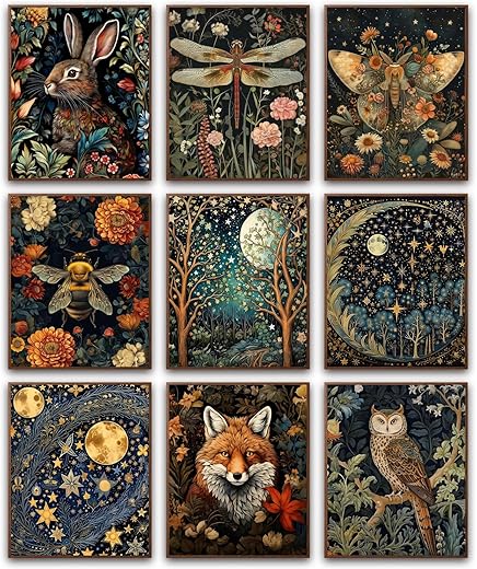 Morris Wall Paintings Poster Set of 9, Vintage Rabbit Fox Starry Sky Bee Butterfly Dragonfly Prints, Botanical Nature Floral Canvas Wall Art Decor...