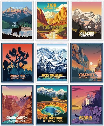 Outus 9 Pieces Vintage National Park Art Posters Prints Nature Art and Mountain Print Set Abstract Travel Unframed for Hikers Campers Living Room...