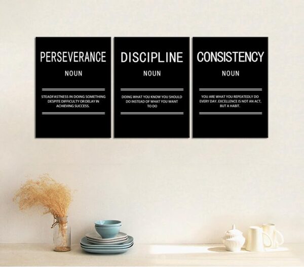 Perseverance Discipline Consistency Motivational Canvas Office 3 Panel Print Wall Art Inspirational Poster Painting Modern Inspiring Artwork for...