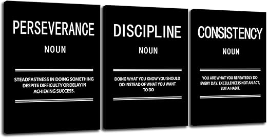 Perseverance Discipline Consistency Motivational Canvas Office 3 Panel Print Wall Art Inspirational Poster Painting Modern Inspiring Artwork for...