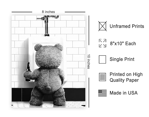 Poster Master Funny Teddy Bear Print - Humorous Gift for Men, Women, and Movie Fans - Black & White Wall Art for Bathroom, Restroom, Nursery, Kids...