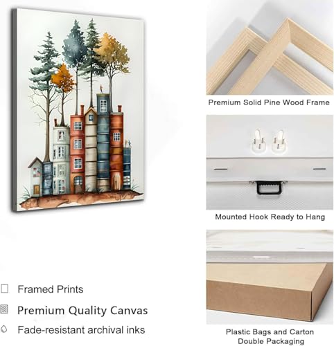 PUUZDGDZ Reading Book Lover's Canvas Wall Art Whimsical Tree House Wall decor pictures Book-shaped house Poster Painting Prints for Gallery Living...