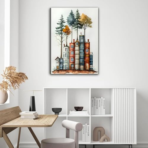 PUUZDGDZ Reading Book Lover's Canvas Wall Art Whimsical Tree House Wall decor pictures Book-shaped house Poster Painting Prints for Gallery Living...