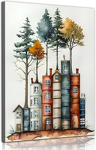PUUZDGDZ Reading Book Lover's Canvas Wall Art Whimsical Tree House Wall decor pictures Book-shaped house Poster Painting Prints for Gallery Living...