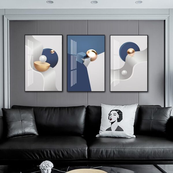 QKF Large Frame Canvas Wall Art Glossy Blue Geometry Modern Living Room, Bedroom, Office Fashion Wall Decoration 3-piece Set of Poster Prints 24 "X...