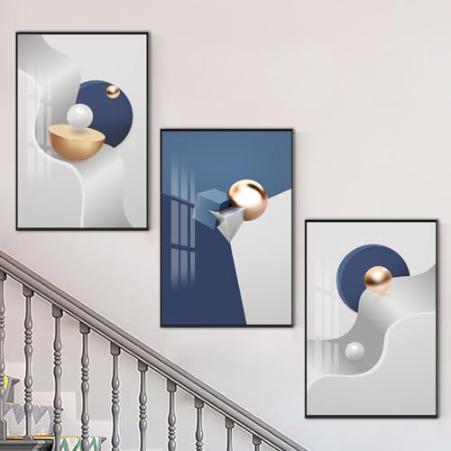 QKF Large Frame Canvas Wall Art Glossy Blue Geometry Modern Living Room, Bedroom, Office Fashion Wall Decoration 3-piece Set of Poster Prints 24 "X...