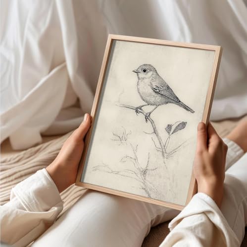 uniro Vintage Bird Sketch Wall Art Prints Farmhouse Decor Sparrow on a Branch Sketch Canvas Oil Painting Antique Bird Neutral Vintage Artwork...