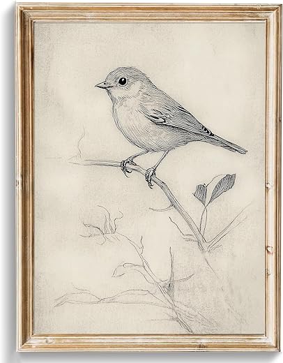 uniro Vintage Bird Sketch Wall Art Prints Farmhouse Decor Sparrow on a Branch Sketch Canvas Oil Painting Antique Bird Neutral Vintage Artwork...