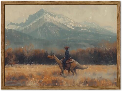 Vintage Dinosaur Cowboy Wall Art, Funny Western Jurassic Wall Decor Painting Spooky Cowboy Riding Dinosaur Poster Canvas Prints for Bedroom...