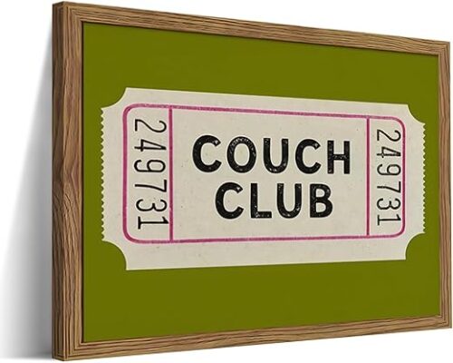 Vintage Framed Wall Art, Couch Club Ticket Canvas Wall Decor Painting, Retro Green Minimalist Quote Poster Print Picture for Living Room Bathroom...