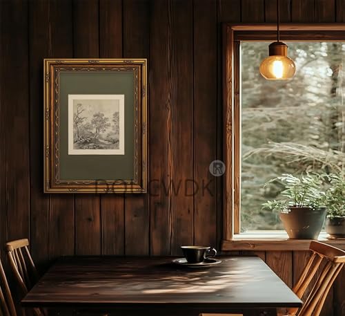 Vintage Gold Framed Wall Art Tree Forest Landscape Painting Canvas Prints Green Gray Tree Natural Sketch Picture Rustic Farmhouse Poster Artwork...