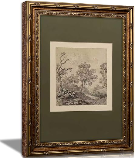 Vintage Gold Framed Wall Art Tree Forest Landscape Painting Canvas Prints Green Gray Tree Natural Sketch Picture Rustic Farmhouse Poster Artwork...
