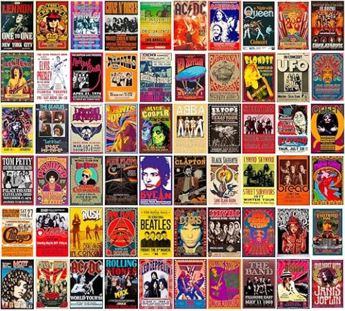 WOONKIT 60 PC Vintage Rock Band Posters, 70s 80s 90s Retro Concert Prints, Bedroom Wall Art, Album Cover Collage, 4x6 Inch (Set of 60)