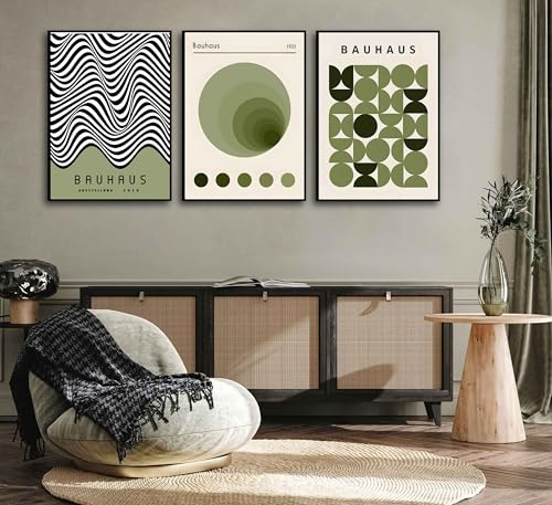 WSTUKVV 3Pcs Bauhaus Mid Century Modern Wall Art Bauhaus 1923 Posters Pictures Green Boho Abstract Geometric Canvas Prints Black Line Paintings for...