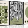 WSTUKVV 3Pcs Bauhaus Mid Century Modern Wall Art Bauhaus 1923 Posters Pictures Green Boho Abstract Geometric Canvas Prints Black Line Paintings for...