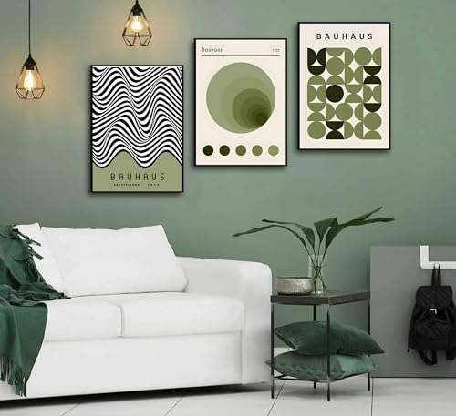 WSTUKVV 3Pcs Bauhaus Mid Century Modern Wall Art Bauhaus 1923 Posters Pictures Green Boho Abstract Geometric Canvas Prints Black Line Paintings for...