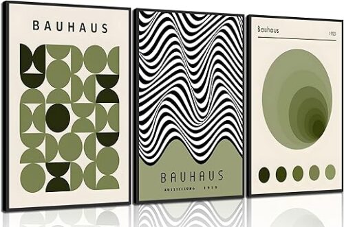 WSTUKVV 3Pcs Bauhaus Mid Century Modern Wall Art Bauhaus 1923 Posters Pictures Green Boho Abstract Geometric Canvas Prints Black Line Paintings for...