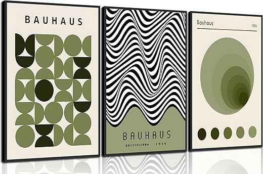 WSTUKVV 3Pcs Bauhaus Mid Century Modern Wall Art Bauhaus 1923 Posters Pictures Green Boho Abstract Geometric Canvas Prints Black Line Paintings for...