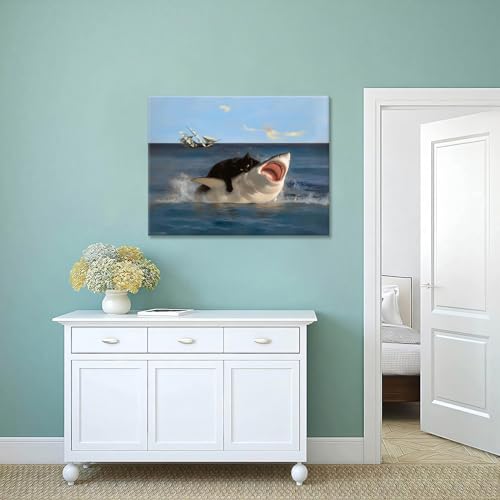 Yaneiro Framed Black Cat Bathroom Wall Art, Funny Quirky Cat and Shark Pictures Canvas Print, Abstract Black Cat Shark Posters Wall Decor for Room...