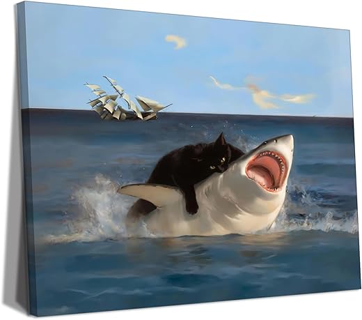 Yaneiro Framed Black Cat Bathroom Wall Art, Funny Quirky Cat and Shark Pictures Canvas Print, Abstract Black Cat Shark Posters Wall Decor for Room...